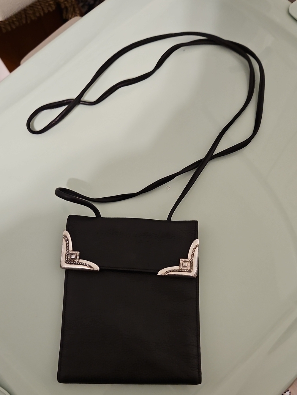 Black Crossbody Phone Bag with Silver Corner Accents